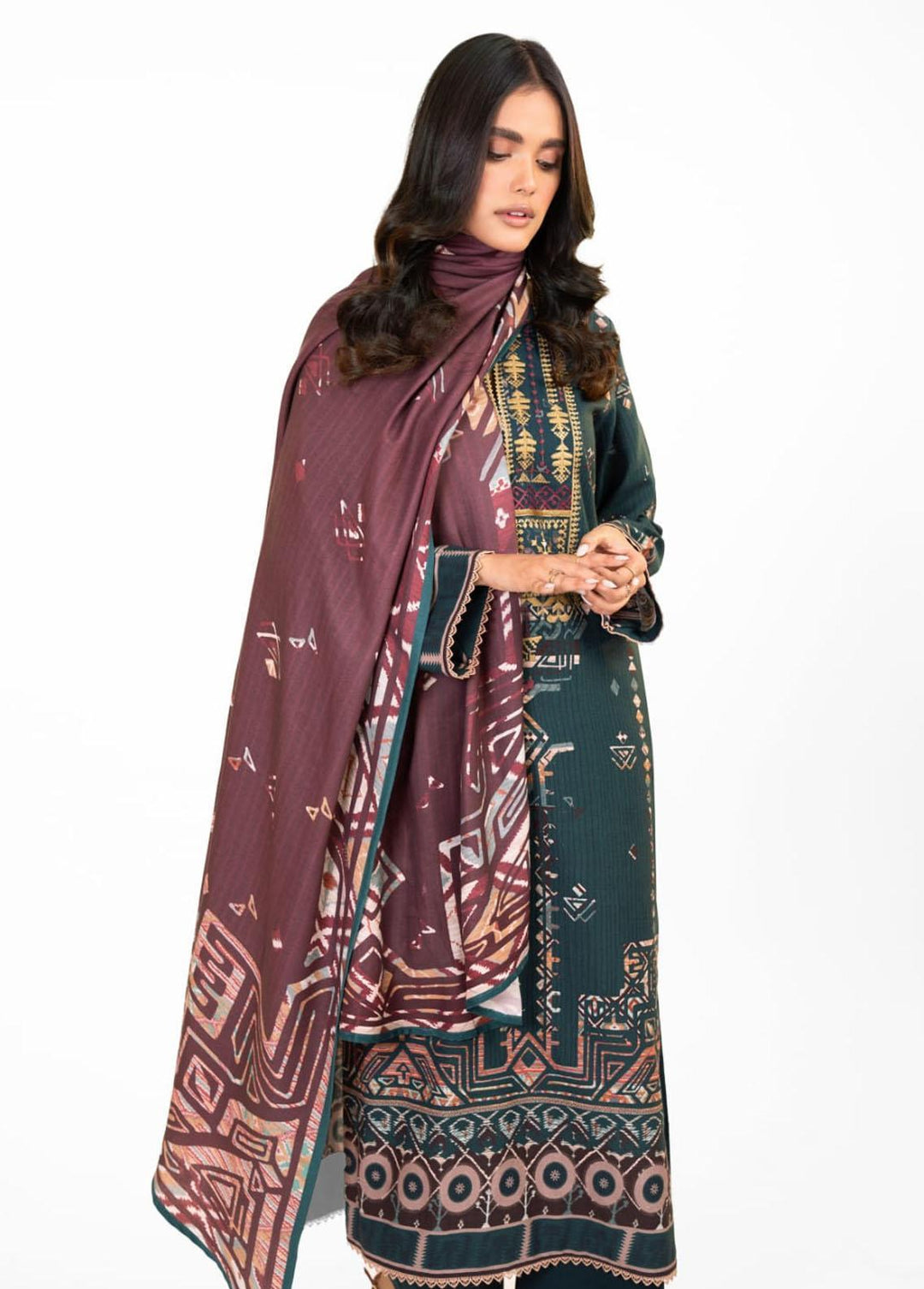 Al Karam Embroidered Khaddar Suits Unstitched 3 Piece AK22W FW-6.1-22-Teal - Winter Collection