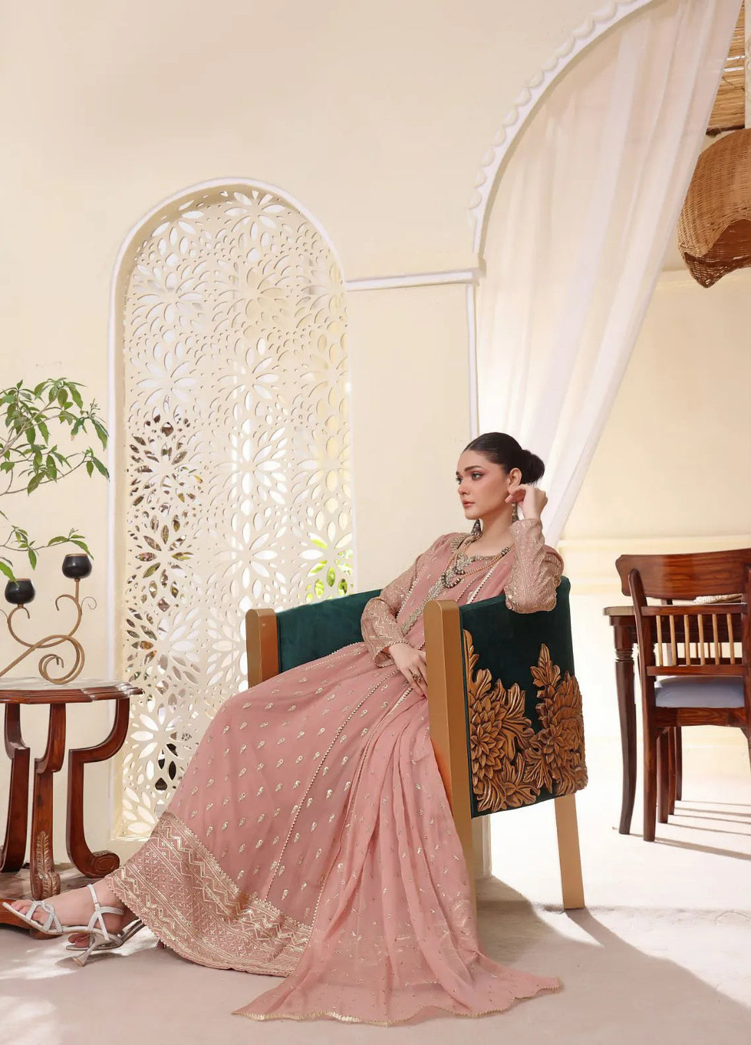 Al Siyaab Pret Embroidered Chiffon 3 Piece Suit Bahaar Tea Pink