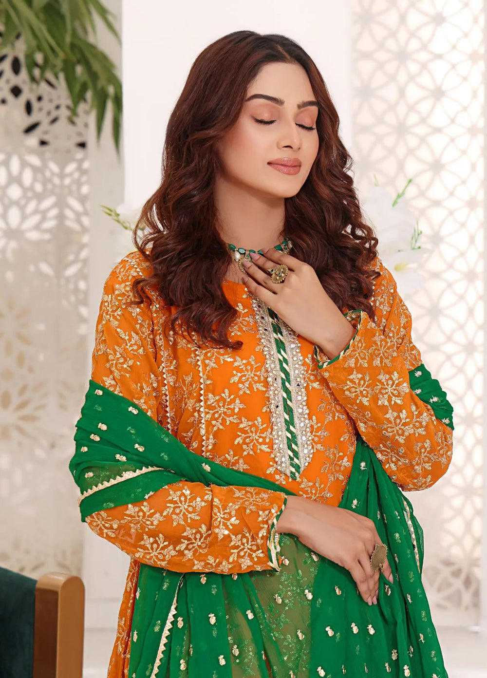 Al Siyaab Pret Embroidered Chiffon 3 Piece Suit Zeena Orange