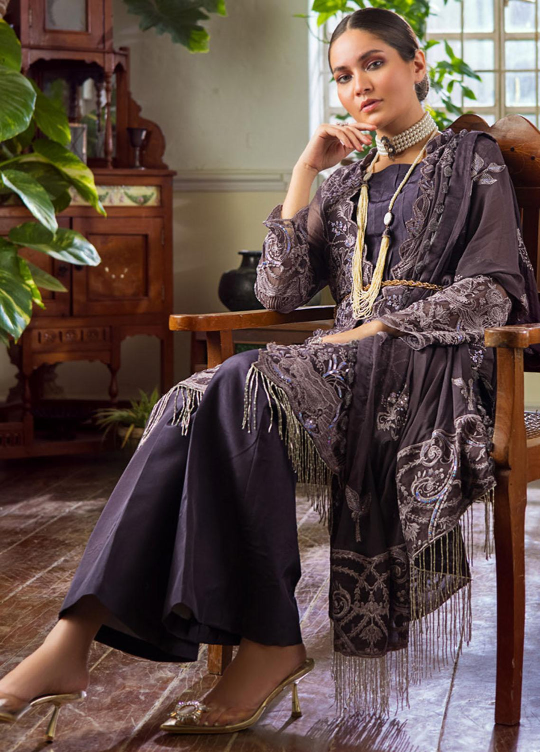 Al Zohaib Embroidered Chiffon Suits Unstitched 3 Piece AZ22FW 05 Mist - Luxury Collection