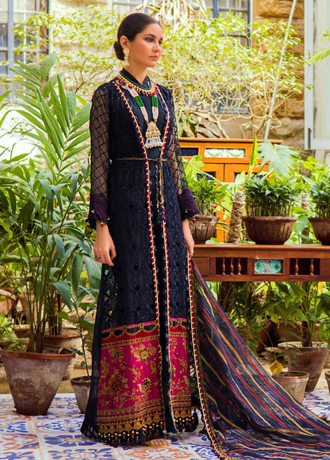 Al Zohaib Embroidered Organza Suits Unstitched 3 Piece AZ22FW 06 Ebony - Luxury Collection