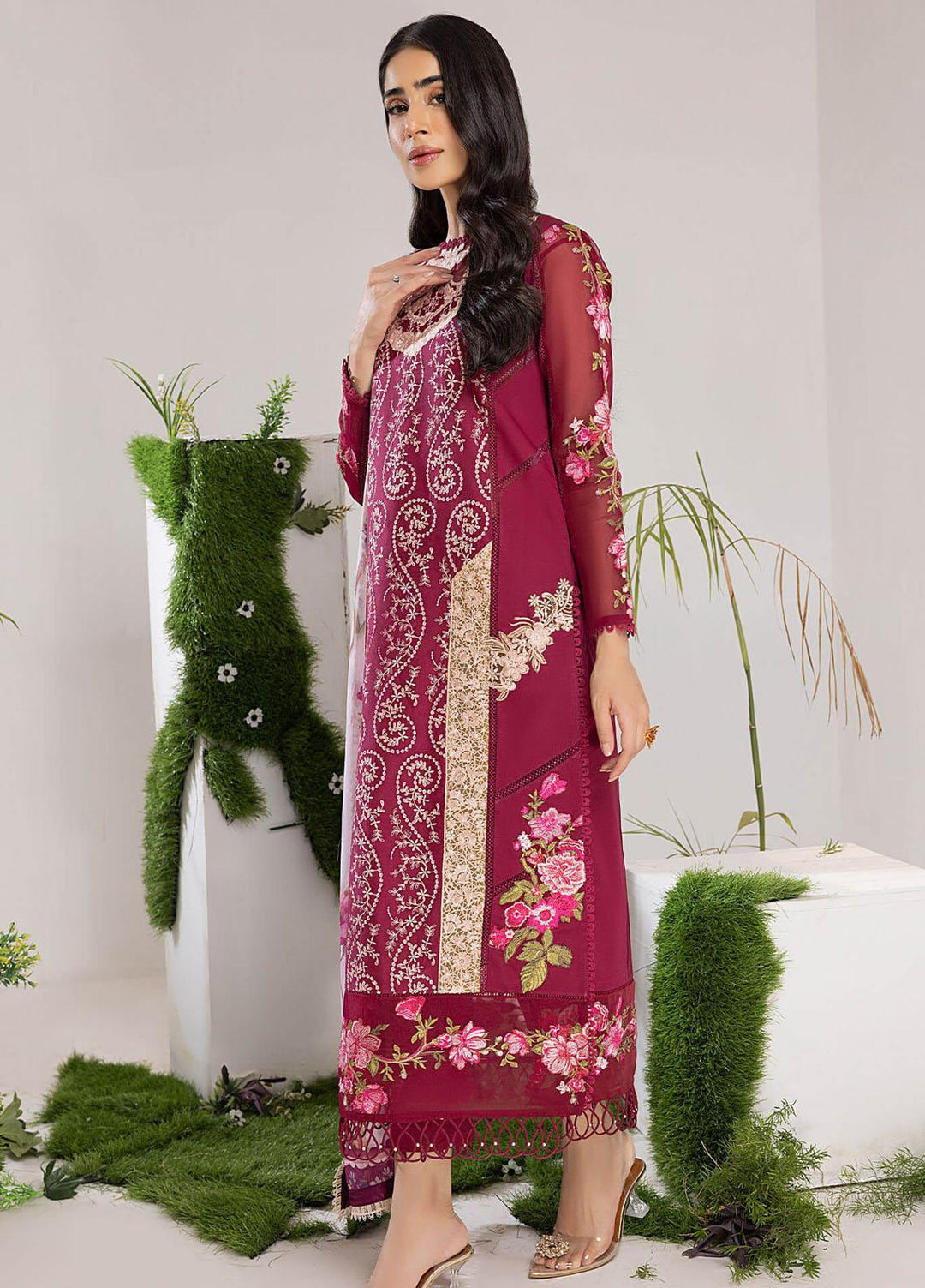 Aleyna By Asifa & Nabeel Embroidered Lawn Suits Unstitched 3 Piece AN23AL ALV-09 Cranberry - Summer Collection