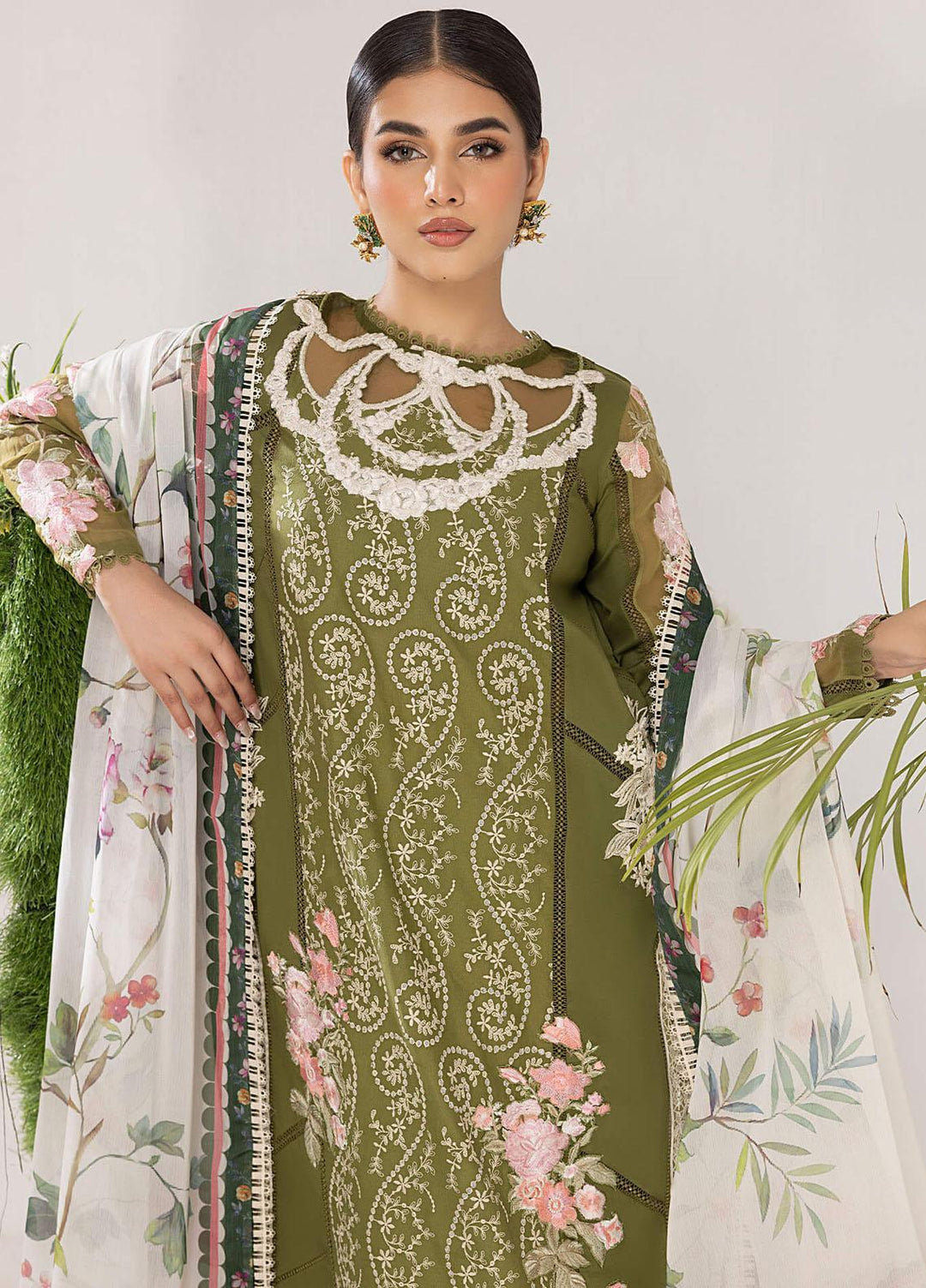 Aleyna By Asifa & Nabeel Embroidered Lawn Suits Unstitched 3 Piece AN23AL ALV-10 Olive - Summer Collection