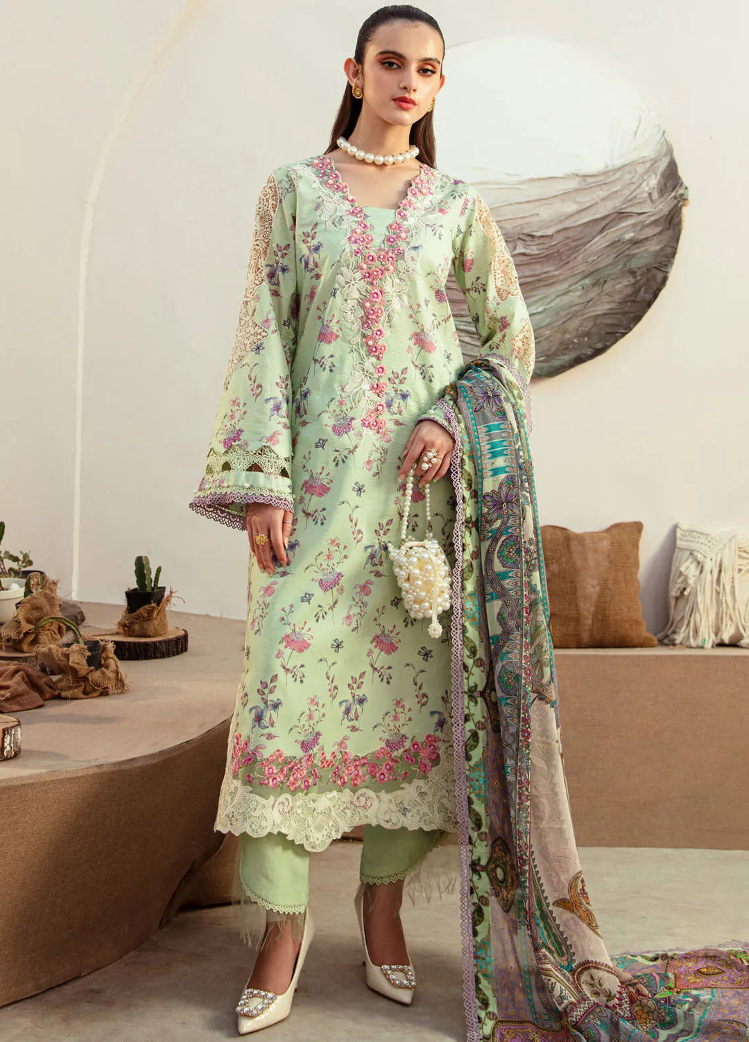 Alif Affordable by Ajr Embroidered Lawn Suit Unstitched 3 Piece AJR24AA AFL-08 Mint Magic - Summer Collection