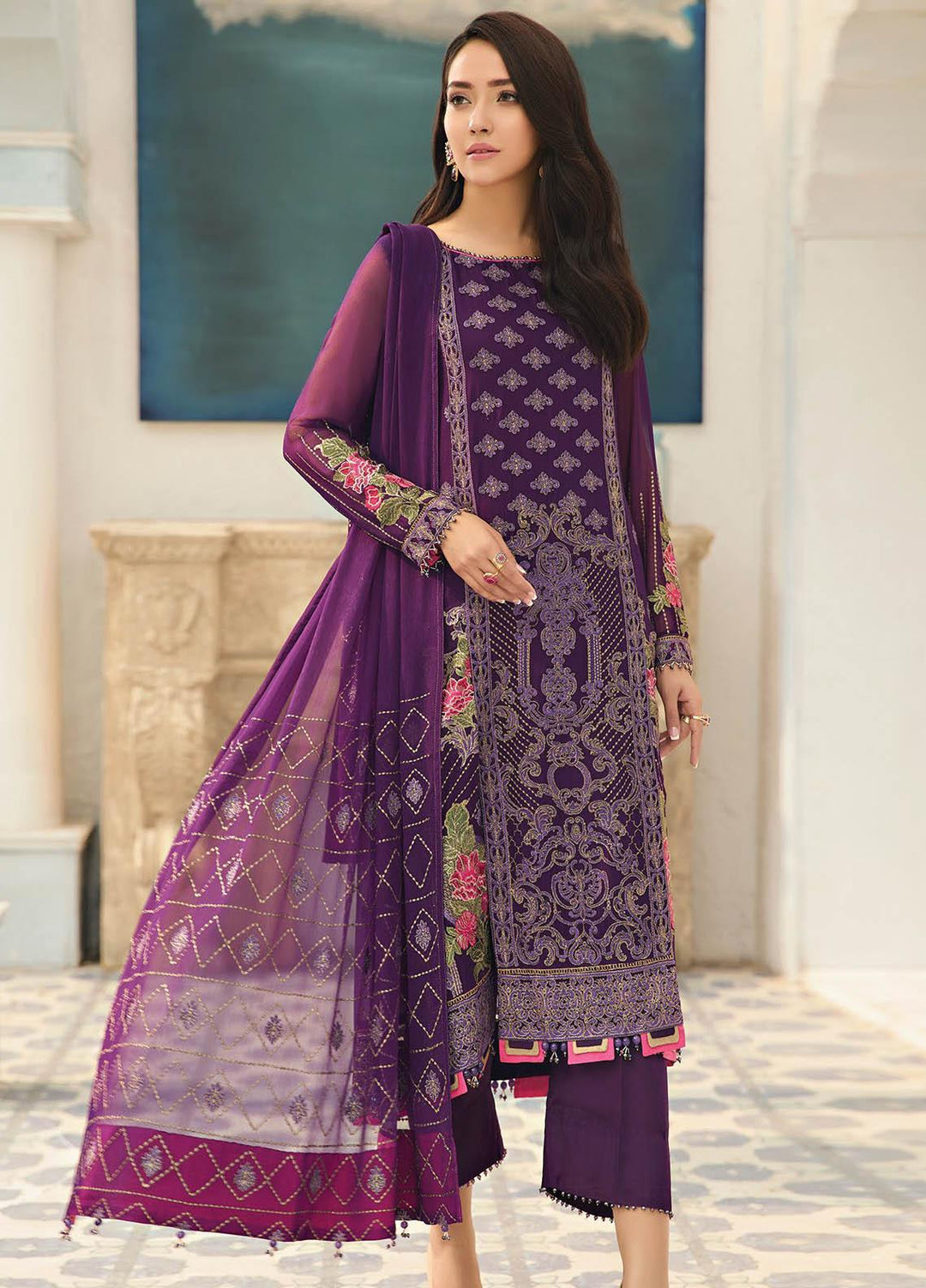 Alizeh Fashion by Bilal Embroidery Embroidered Chiffon Suits Unstitched 3 Piece AFB21-C4 05 Violet - Luxury Collection