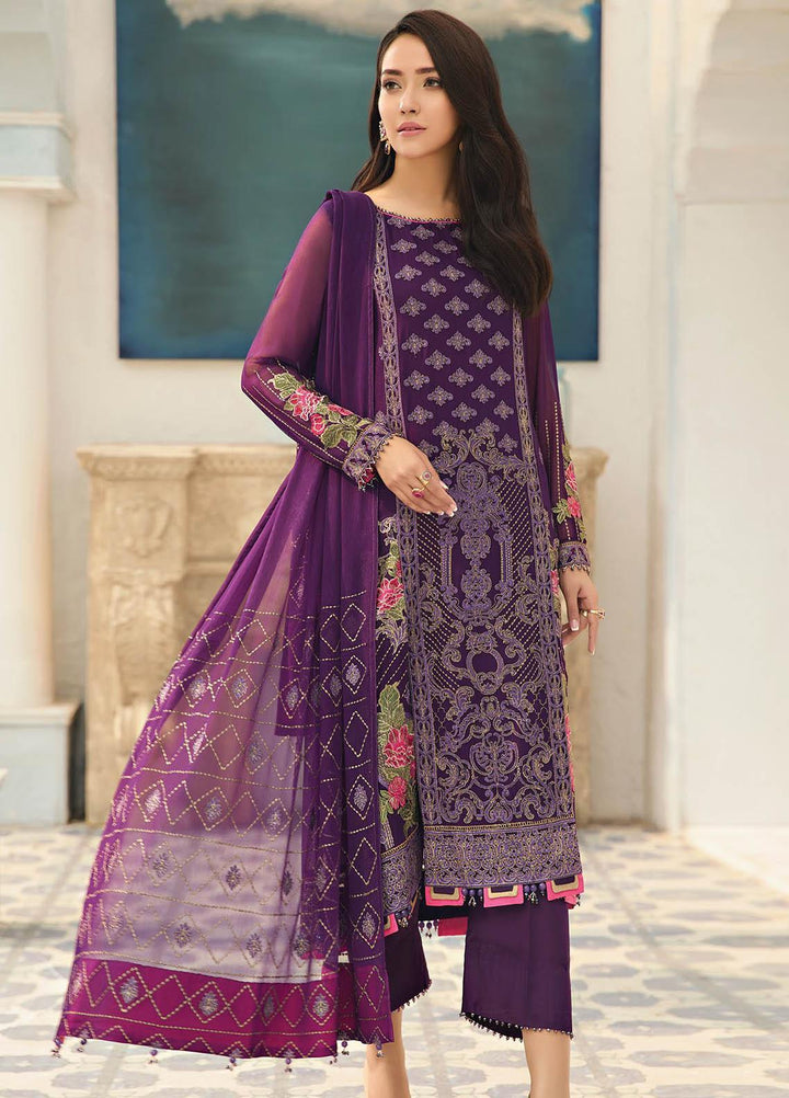 Alizeh Fashion by Bilal Embroidery Embroidered Chiffon Suits Unstitched 3 Piece AFB21-C4 05 Violet - Luxury Collection