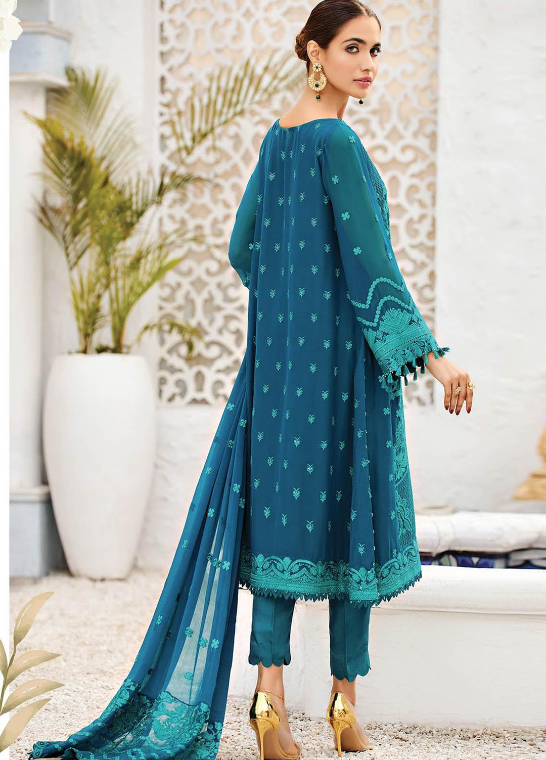 Alizeh Fashion by Bilal Embroidery Embroidered Chiffon Suits Unstitched 3 Piece AFB21-C4 10 Teal Ink - Luxury Collection