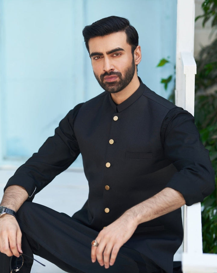 Muraqsh Ready To Wear Solids Cotton Men Black Kurta Trouser with Suiting Waistcoat Round Cut MUR-ABP-KS - Summer Collection