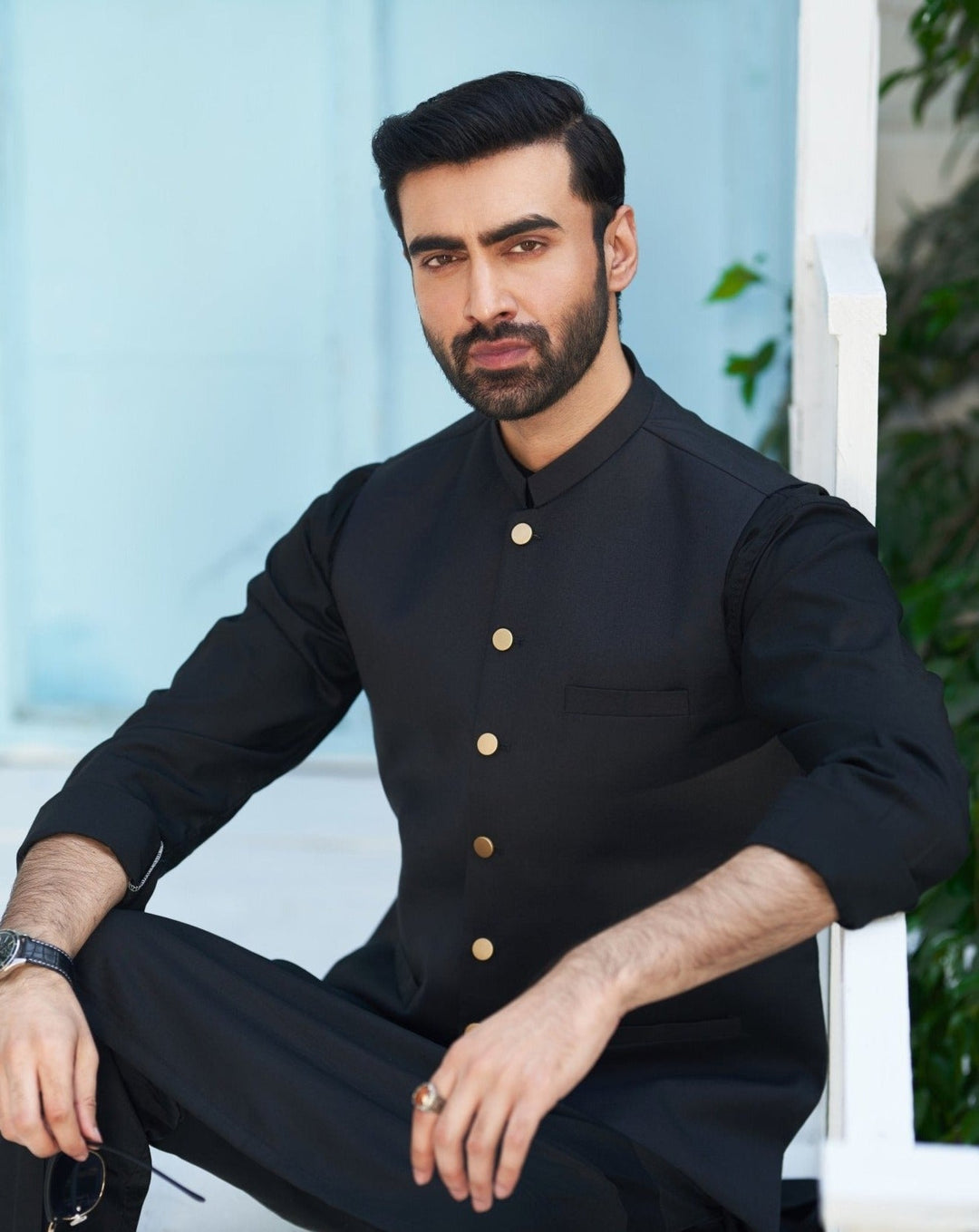 Muraqsh Ready To Wear Solids Cotton Men Black Kurta Trouser with Suiting Waistcoat Round Cut MUR-ABP-KS - Summer Collection