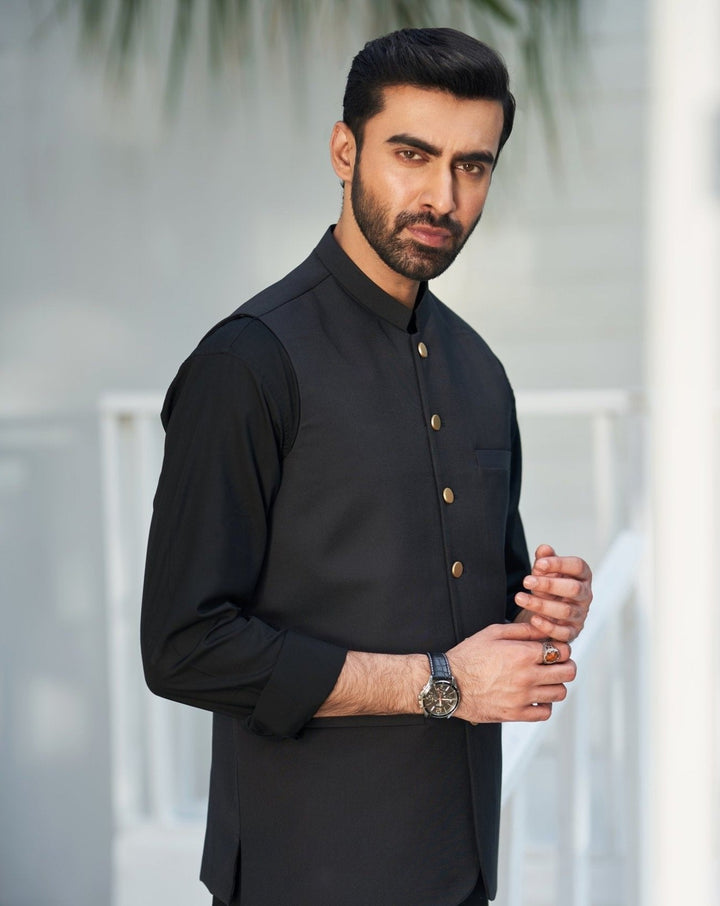 Muraqsh Ready To Wear Solids Cotton Men Black Kurta Trouser with Suiting Waistcoat Round Cut MUR-ABP-KS - Summer Collection