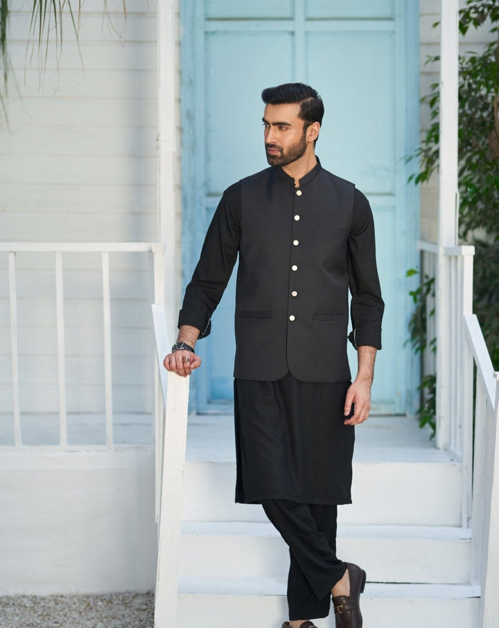 Muraqsh Ready To Wear Solids Cotton Men Black Kurta Trouser with Suiting Waistcoat Round Cut MUR-ABP-KS - Summer Collection