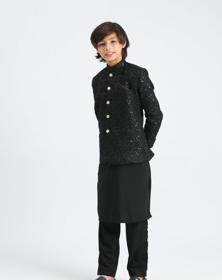 Muraqsh Ready To Wear  Cotton Boys Black Kurta Trouser with Sequin Embroidered Prince Coat ABD-ASB - Summer Collection
