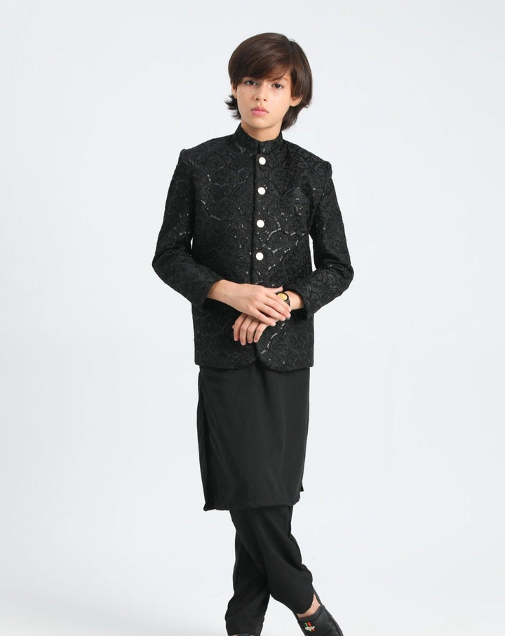 Muraqsh Ready To Wear  Cotton Boys Black Kurta Trouser with Sequin Embroidered Prince Coat ABD-ASB - Summer Collection