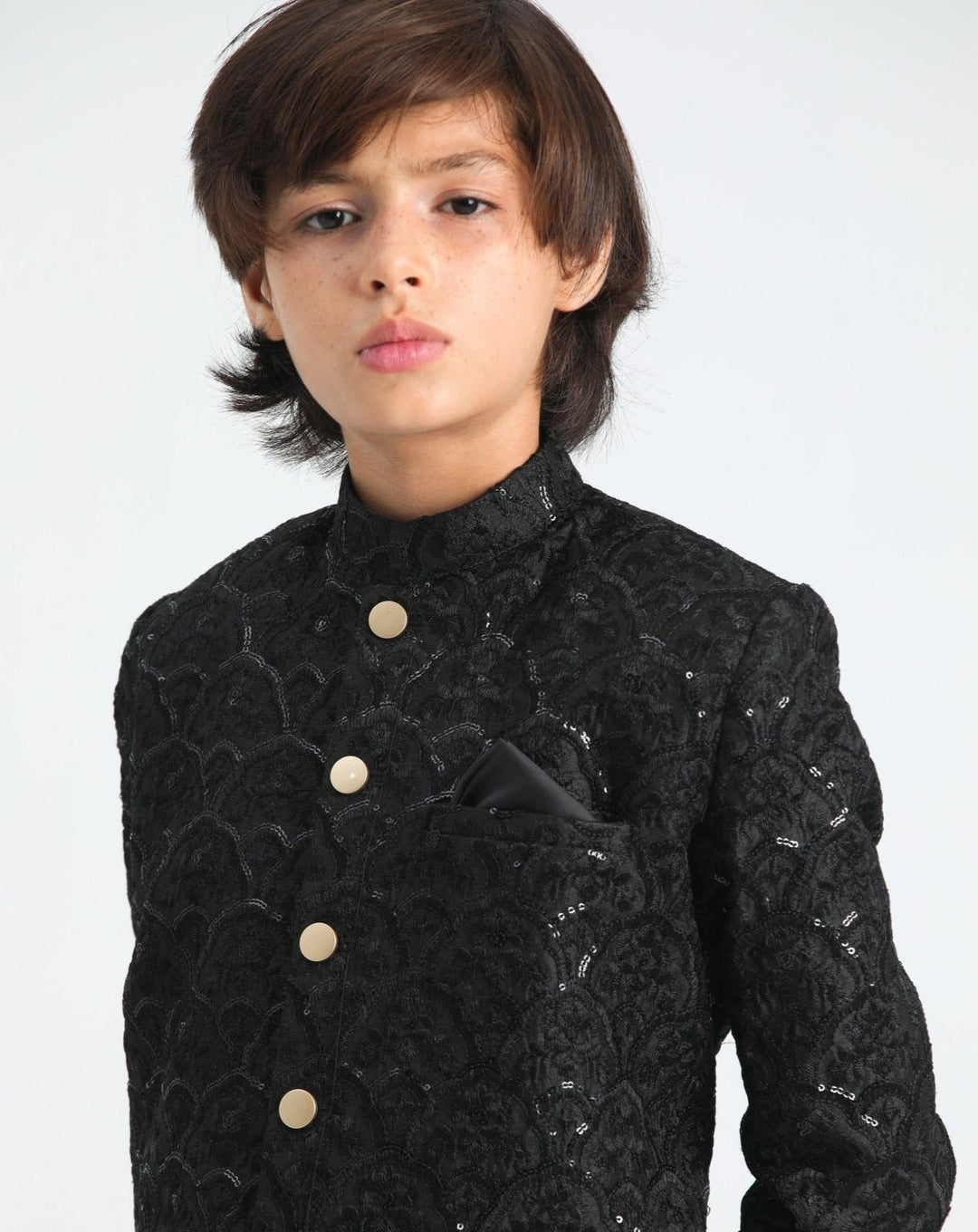 Muraqsh Ready To Wear  Cotton Boys Black Kurta Trouser with Sequin Embroidered Prince Coat ABD-ASB - Summer Collection