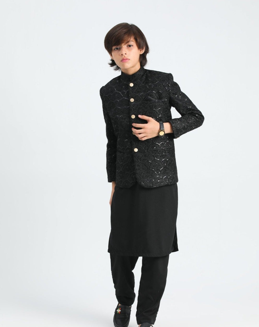 Muraqsh Ready To Wear  Cotton Boys Black Kurta Trouser with Sequin Embroidered Prince Coat ABD-ASB - Summer Collection