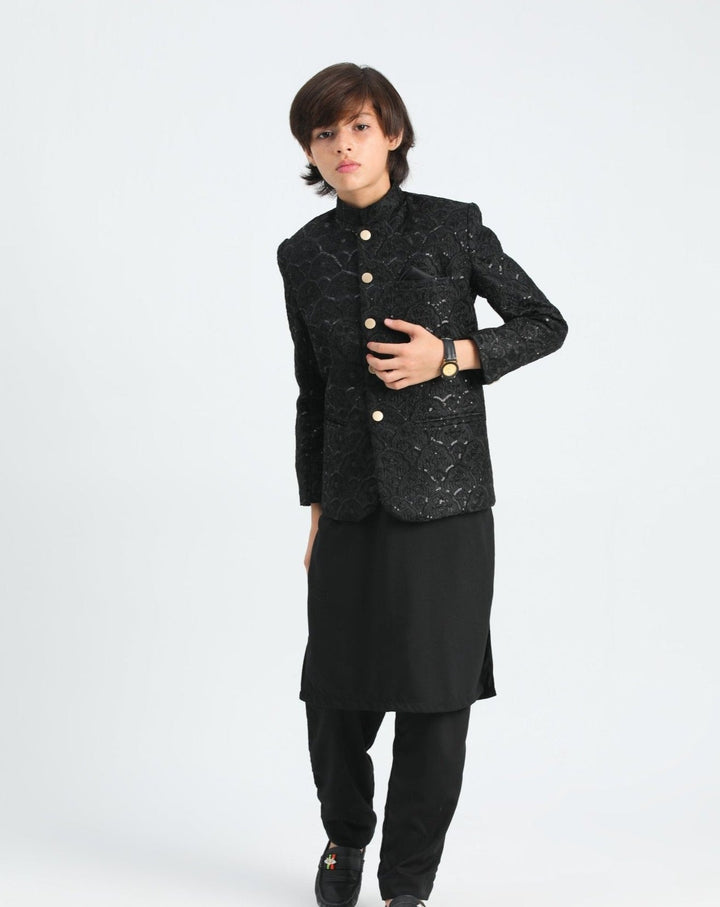 Muraqsh Ready To Wear  Cotton Boys Black Kurta Trouser with Sequin Embroidered Prince Coat ABD-ASB - Summer Collection