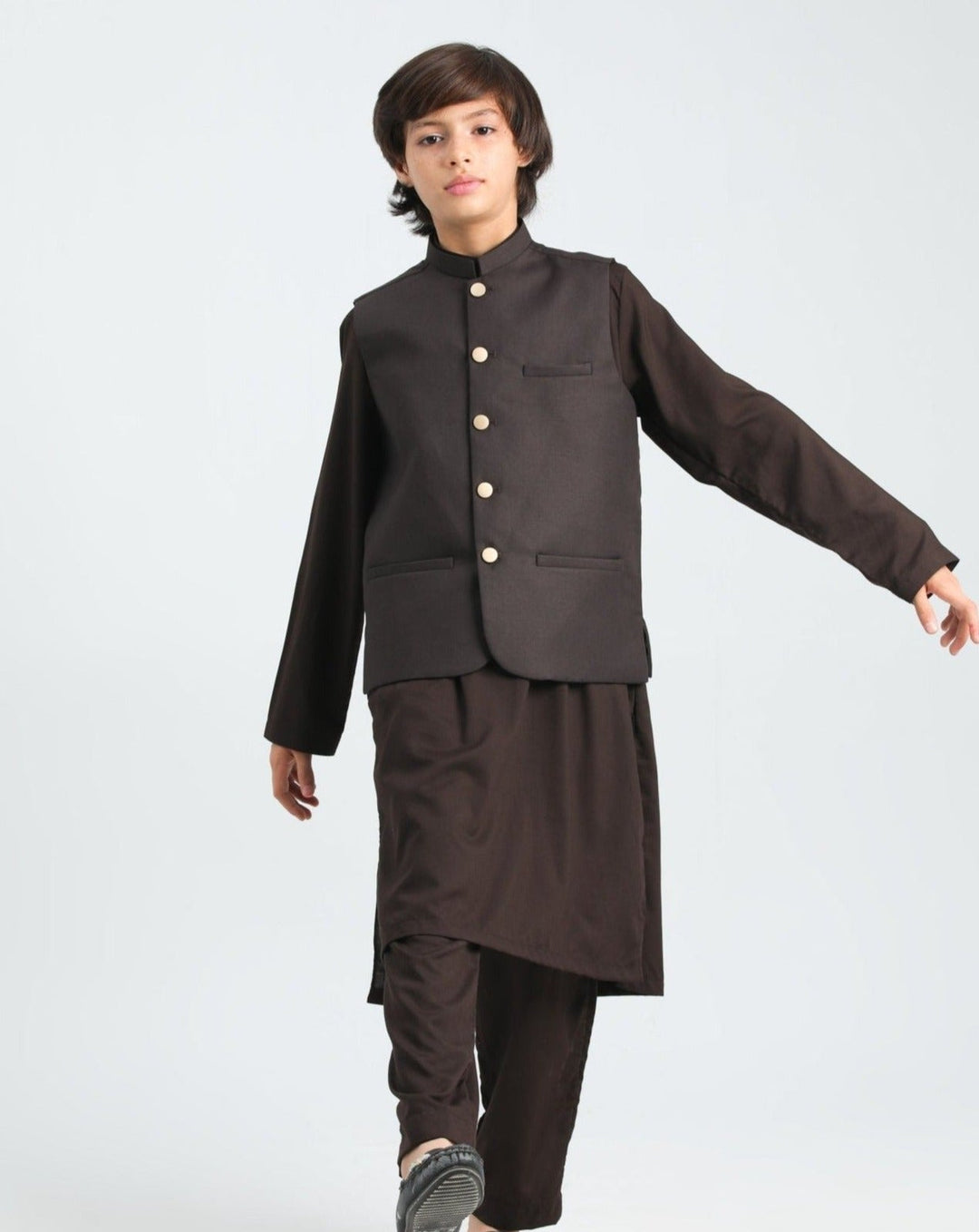 Muraqsh Ready To Wear Solids Cotton Boys Dark Brown Kurta Trouser with Suiting Waistcoat MUR-ADB - Summer Collection