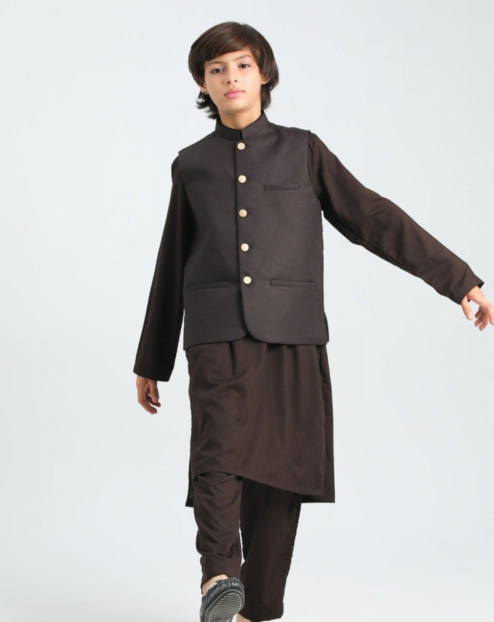 Muraqsh Ready To Wear Solids Cotton Boys Dark Brown Kurta Trouser with Suiting Waistcoat MUR-ADB - Summer Collection