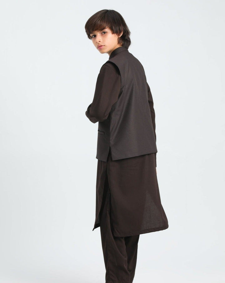 Muraqsh Ready To Wear Solids Cotton Boys Dark Brown Kurta Trouser with Suiting Waistcoat MUR-ADB - Summer Collection