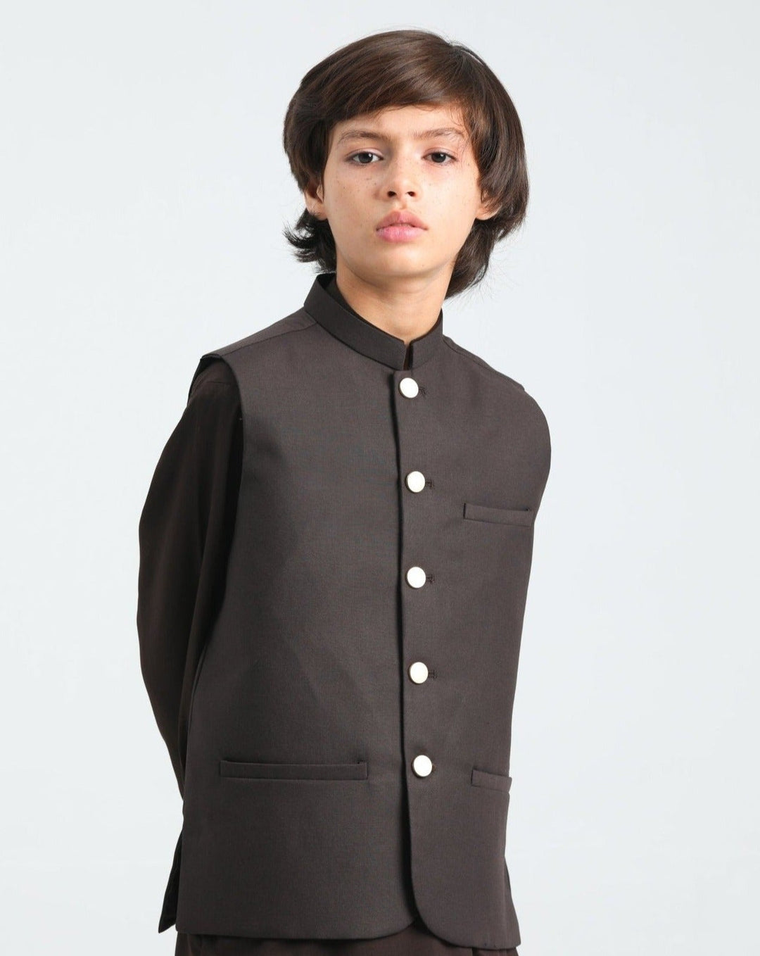 Muraqsh Ready To Wear Solids Cotton Boys Dark Brown Kurta Trouser with Suiting Waistcoat MUR-ADB - Summer Collection