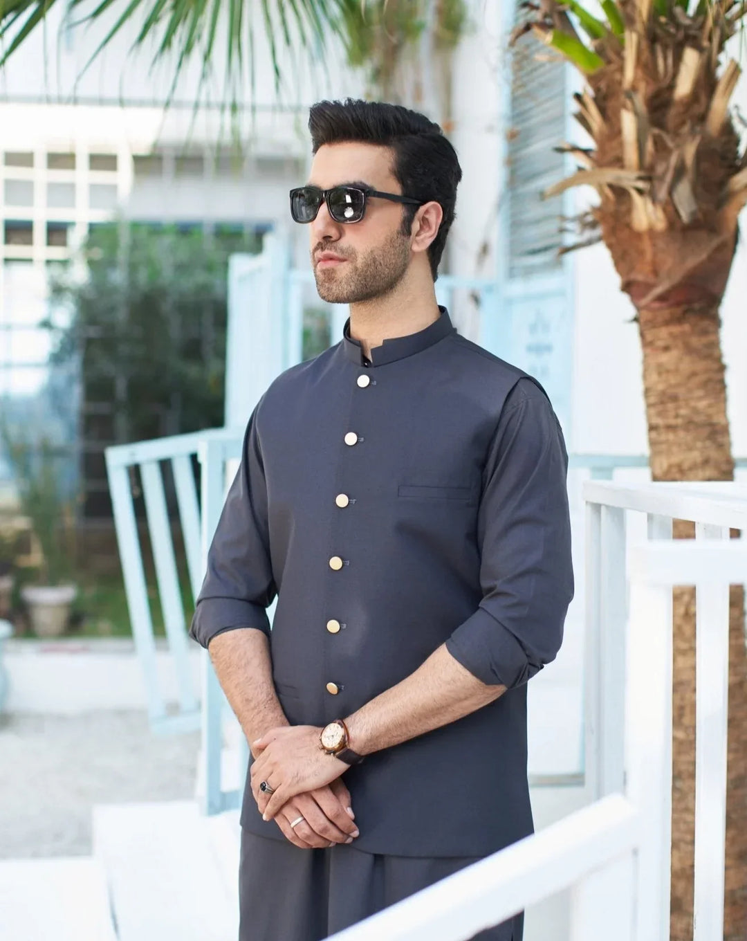 Muraqsh Ready To Wear Solids Cotton Men Charcoal Grey Suiting Waistcoat Round Cut MUR-GSW-R - Summer Collection