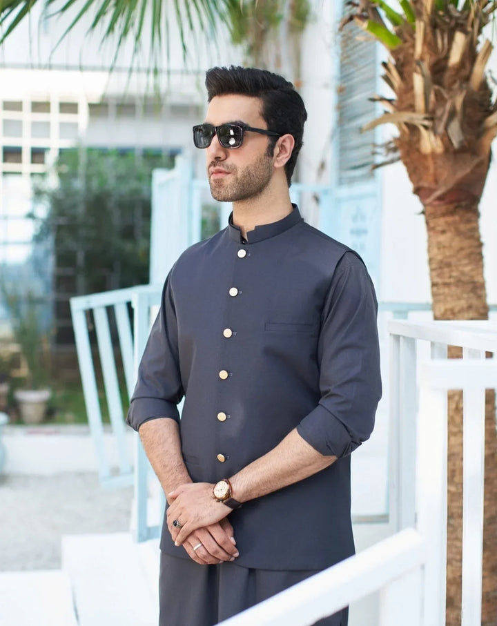 Muraqsh Ready To Wear Solids Cotton Men Charcoal Grey Suiting Waistcoat Round Cut MUR-GSW-R - Summer Collection