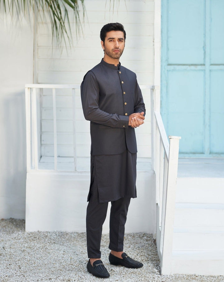 Muraqsh Ready To Wear Solids Cotton Boys Dark Brown Kurta Trouser with Suiting Waistcoat MUR-ADB - Summer Collection