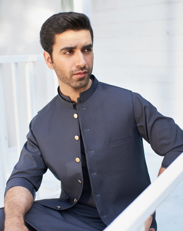 Muraqsh Ready To Wear Solids Cotton Boys Dark Brown Kurta Trouser with Suiting Waistcoat MUR-ADB - Summer Collection