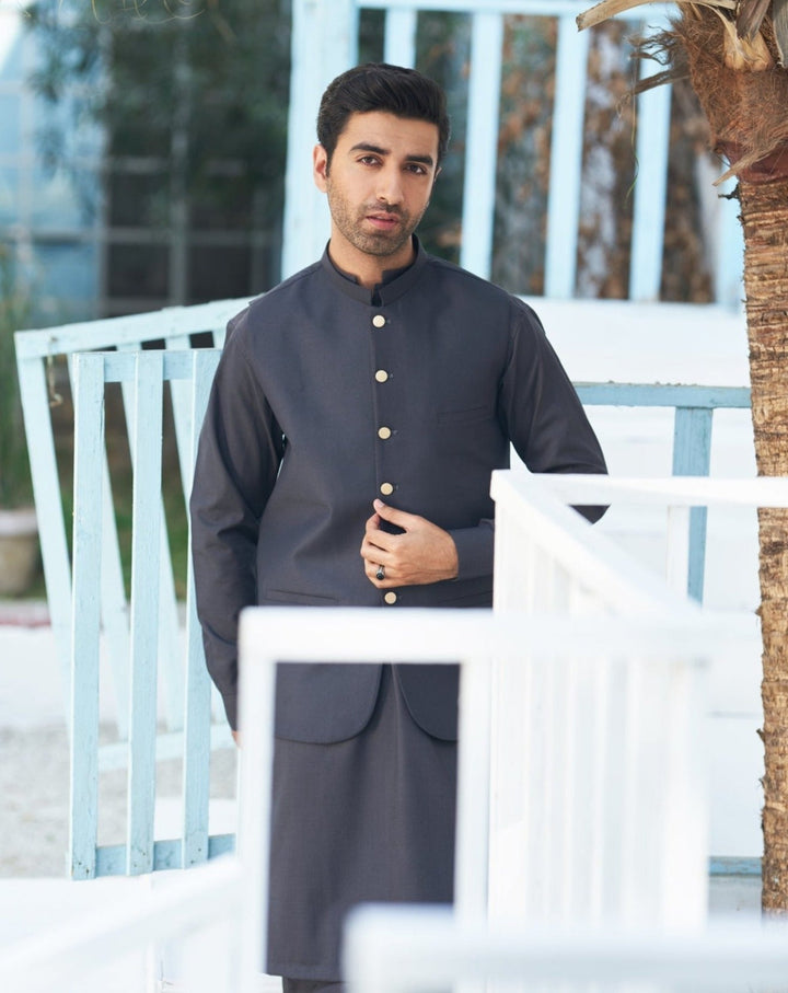 Muraqsh Ready To Wear Solids Cotton Boys Dark Brown Kurta Trouser with Suiting Waistcoat MUR-ADB - Summer Collection