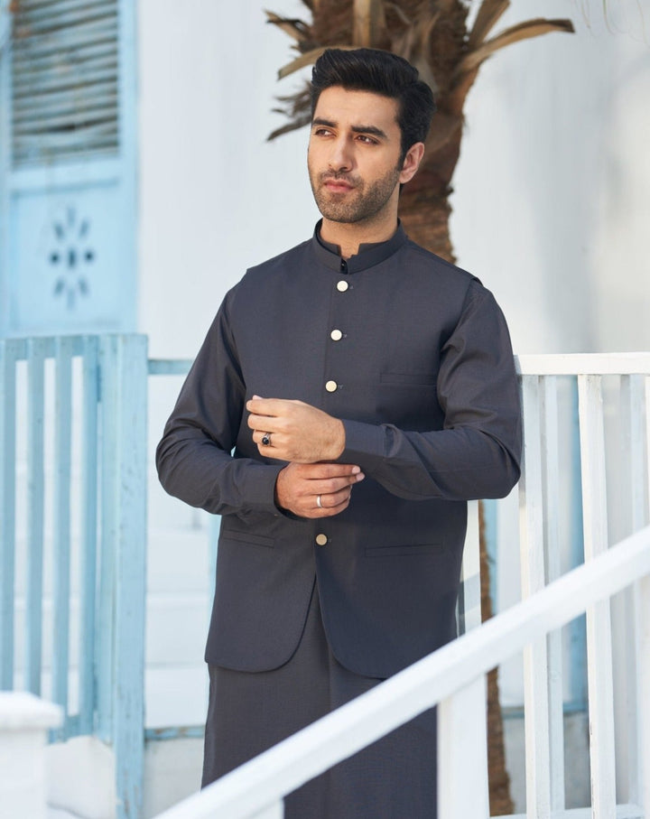 Muraqsh Ready To Wear Solids Cotton Boys Dark Brown Kurta Trouser with Suiting Waistcoat MUR-ADB - Summer Collection