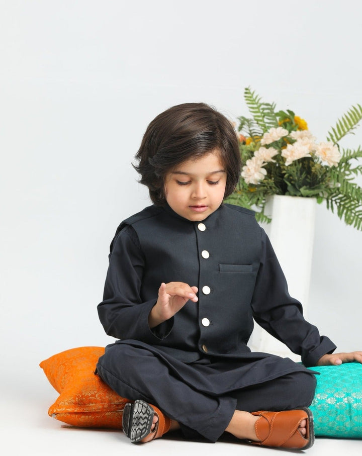 Muraqsh Ready To Wear Solids Cotton Boys Charcoal Grey Kurta Trouser with Suiting Waistcoat MUR-ACG3- - Summer Collection