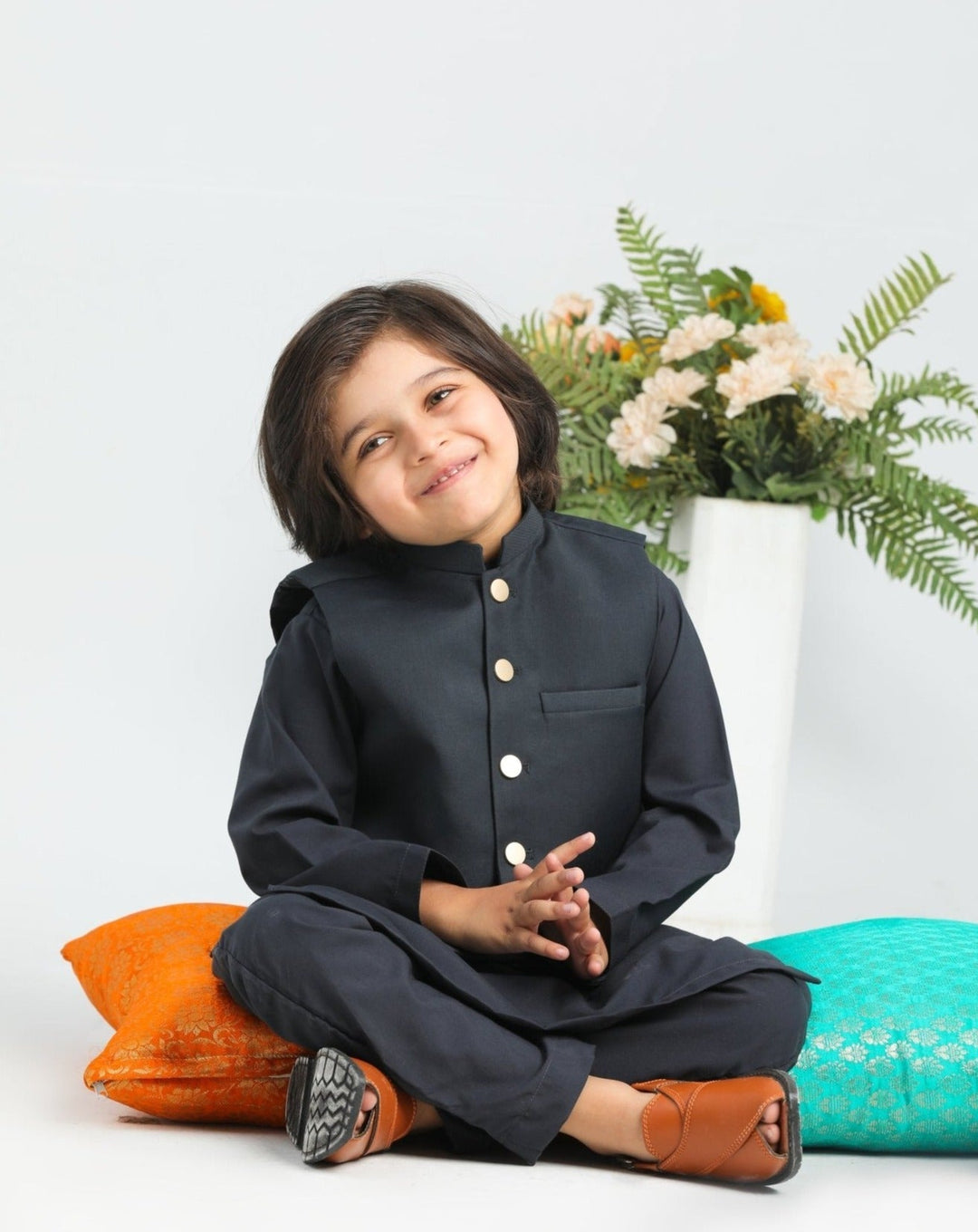 Muraqsh Ready To Wear Solids Cotton Boys Charcoal Grey Kurta Trouser with Suiting Waistcoat MUR-ACG3- - Summer Collection