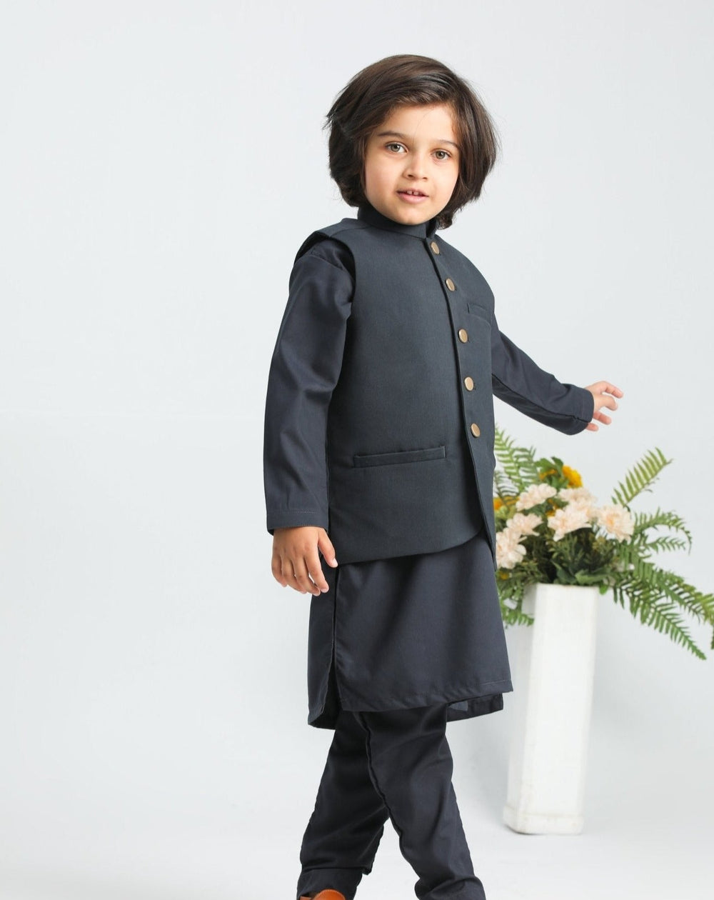 Muraqsh Ready To Wear Solids Cotton Boys Charcoal Grey Kurta Trouser with Suiting Waistcoat MUR-ACG3- - Summer Collection