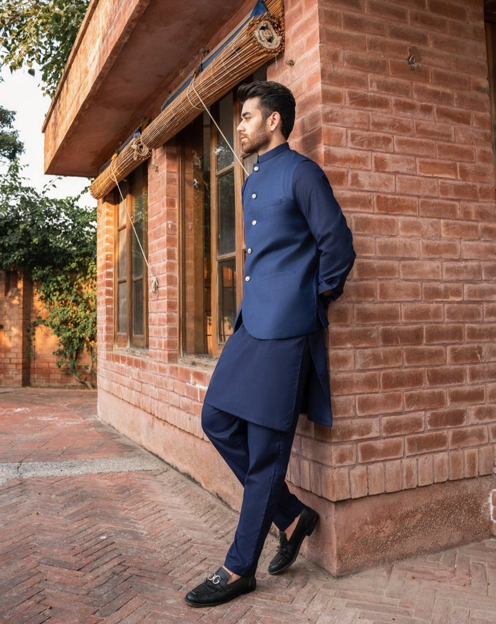 Muraqsh Ready To Wear Solids Cotton Men Navy Blue Kameez Shalwar with Suiting Waistcoat Round Cut MUR-ANB-KS - Summer Collection