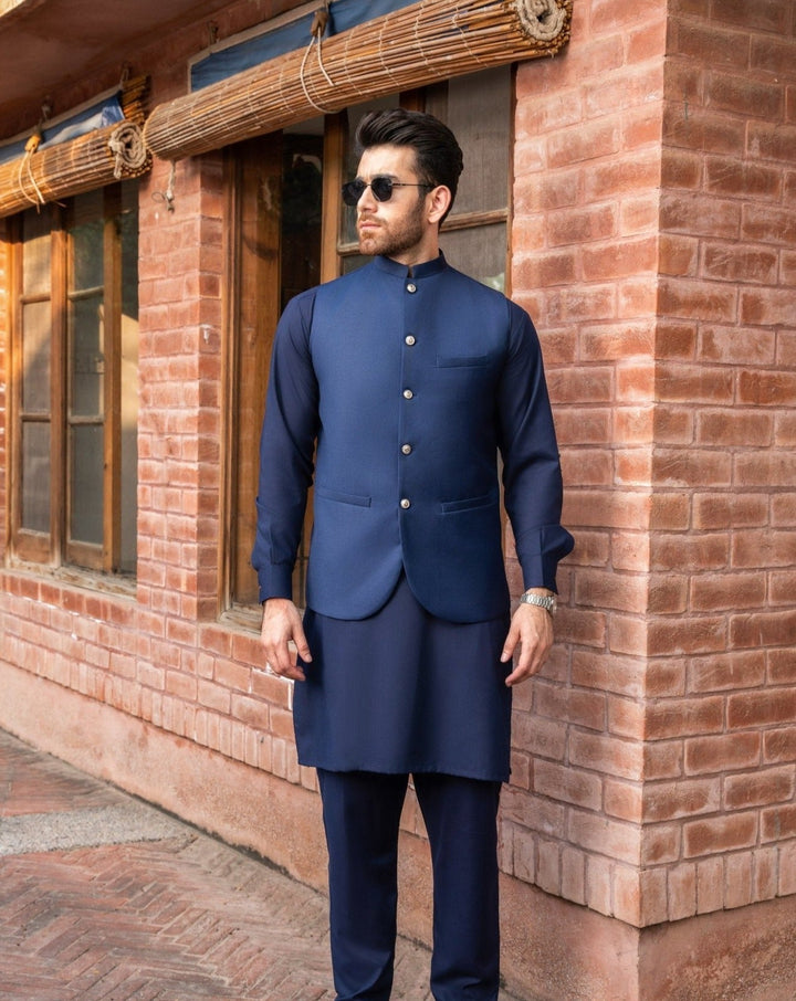 Muraqsh Ready To Wear Solids Cotton Men Navy Blue Kameez Shalwar with Suiting Waistcoat Round Cut MUR-ANB-KS - Summer Collection