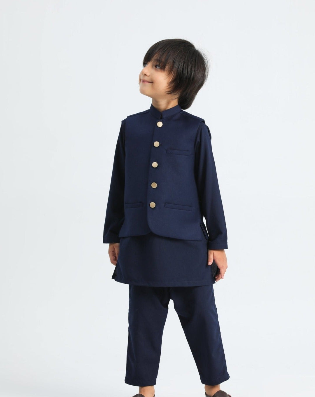 Muraqsh Ready To Wear Solids Cotton Boys Navy Blue Kurta Trouser with Suiting Waistcoat MUR-ANB - Summer Collection