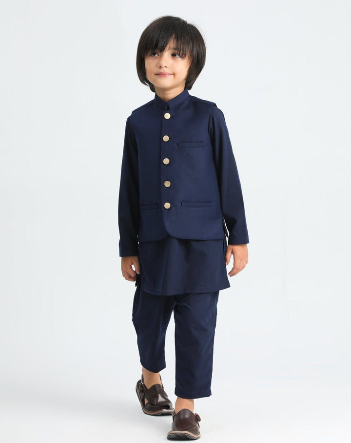 Muraqsh Ready To Wear Solids Cotton Boys Navy Blue Kurta Trouser with Suiting Waistcoat MUR-ANB - Summer Collection