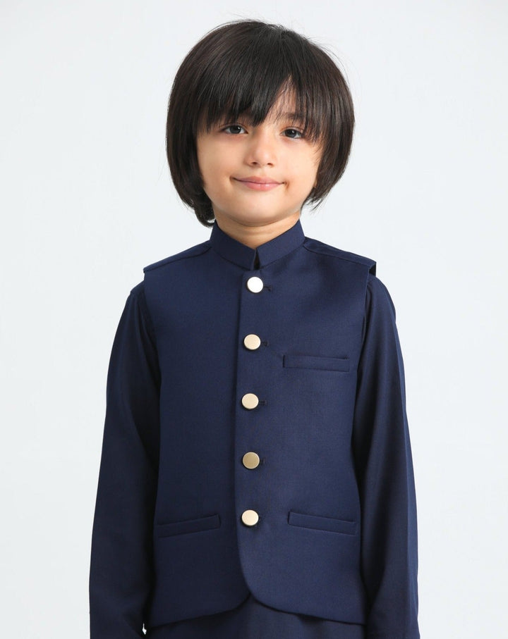 Muraqsh Ready To Wear Solids Cotton Boys Navy Blue Kurta Trouser with Suiting Waistcoat MUR-ANB - Summer Collection