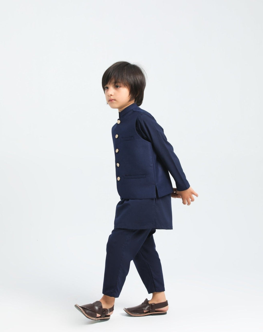 Muraqsh Ready To Wear Solids Cotton Boys Navy Blue Kurta Trouser with Suiting Waistcoat MUR-ANB - Summer Collection