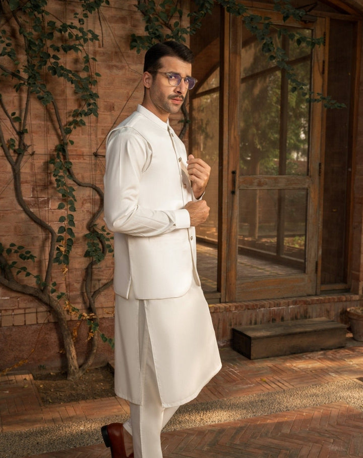 Muraqsh Ready To Wear Solids Cotton Men Off White Kameez Shalwar with Suiting Waistcoat Round Cut MUR-AOW-KS - Summer Collection