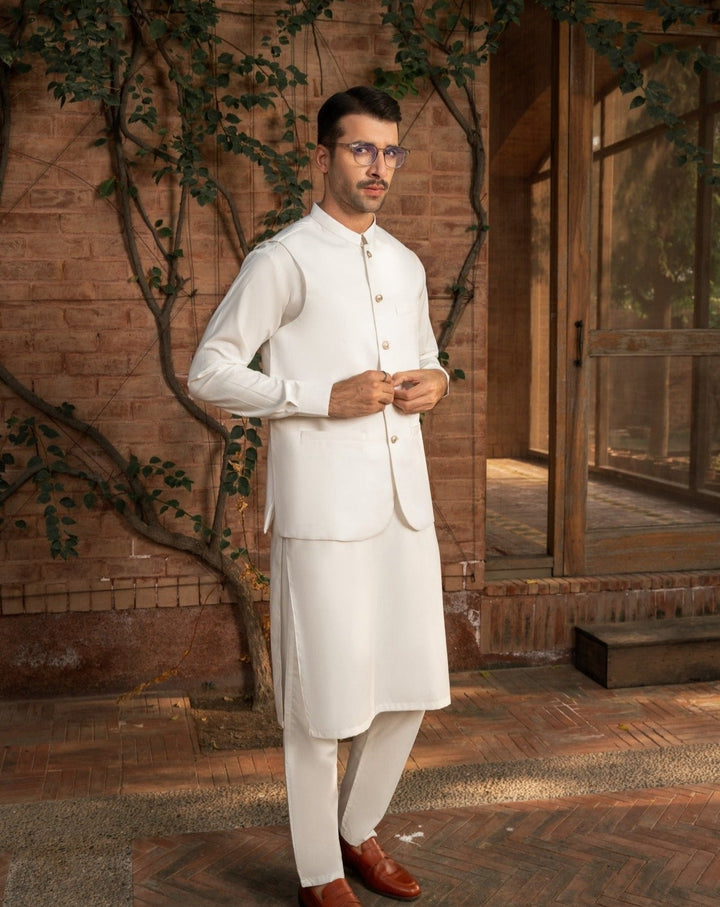 Muraqsh Ready To Wear Solids Cotton Men Off White Kameez Shalwar with Suiting Waistcoat Round Cut MUR-AOW-KS - Summer Collection