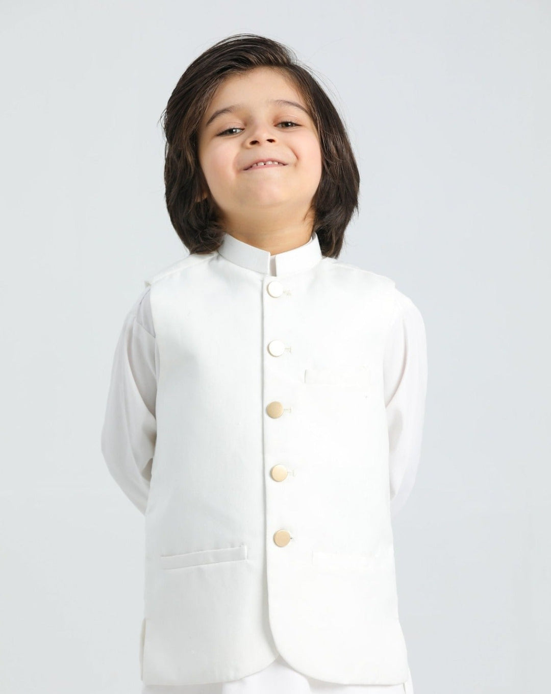 Muraqsh Ready To Wear Solids Cotton Boys Off White Kurta Trouser with Suiting Waistcoat MUR-AOW - Summer Collection