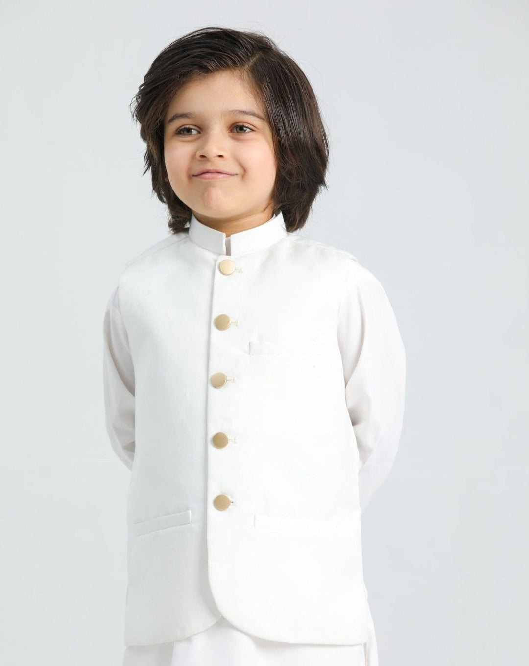 Muraqsh Ready To Wear Solids Cotton Boys Off White Kurta Trouser with Suiting Waistcoat MUR-AOW - Summer Collection