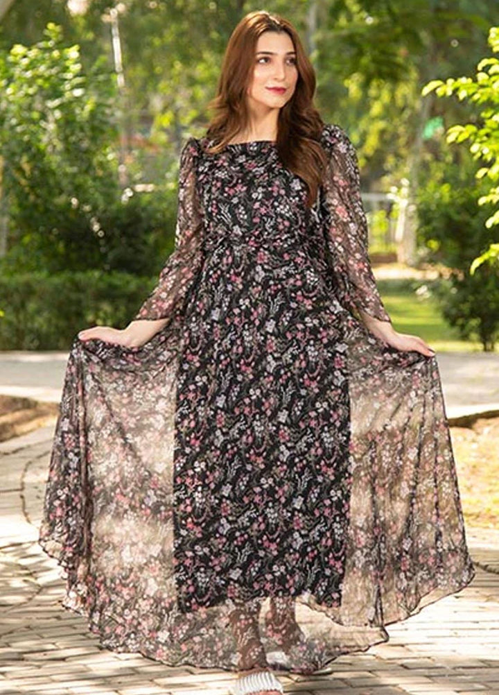Nazmina Printed Casual Chiffon Frock FR-671 Pink Floral Dreams