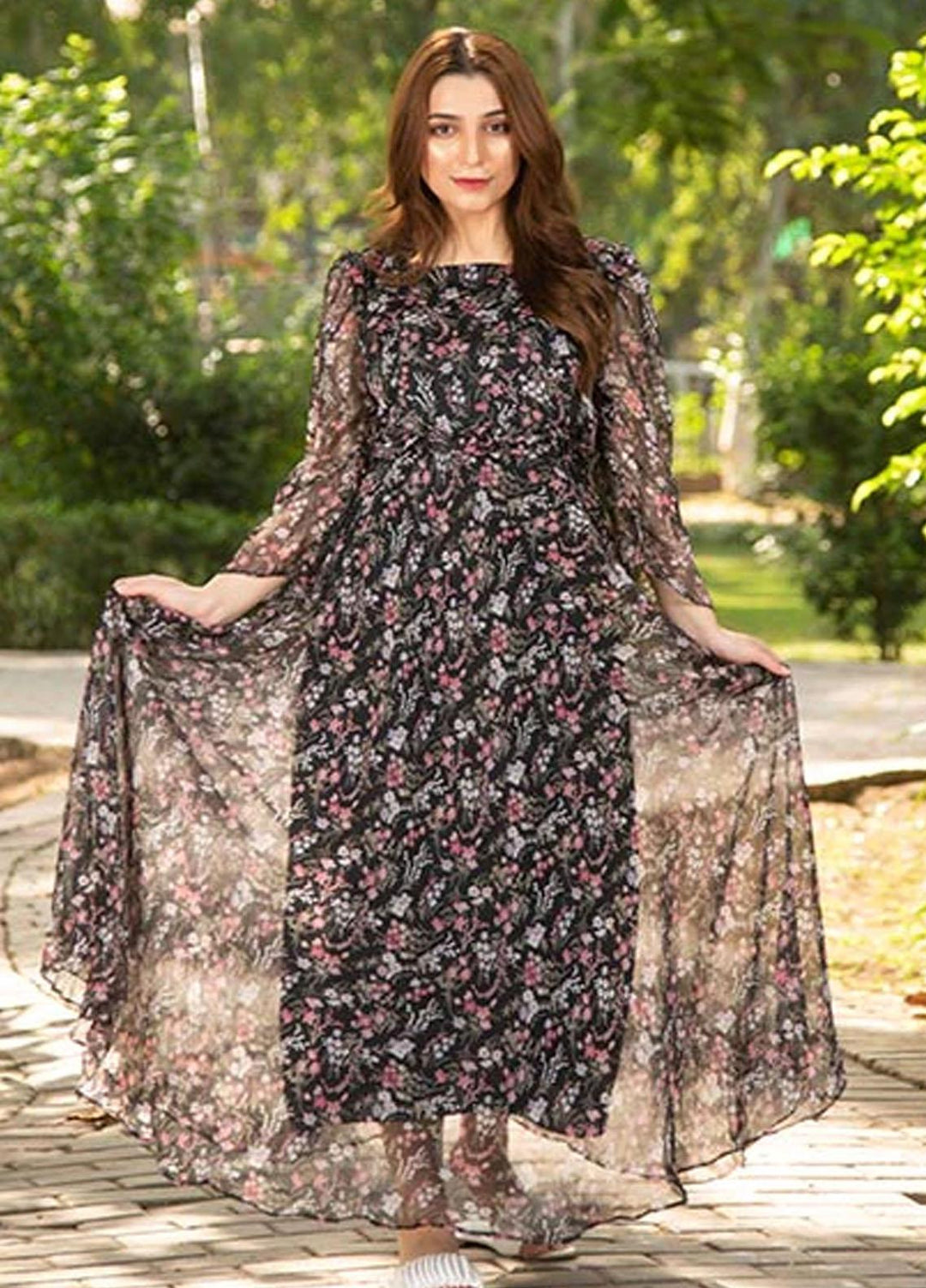 Nazmina Printed Casual Chiffon Frock FR-671 Pink Floral Dreams