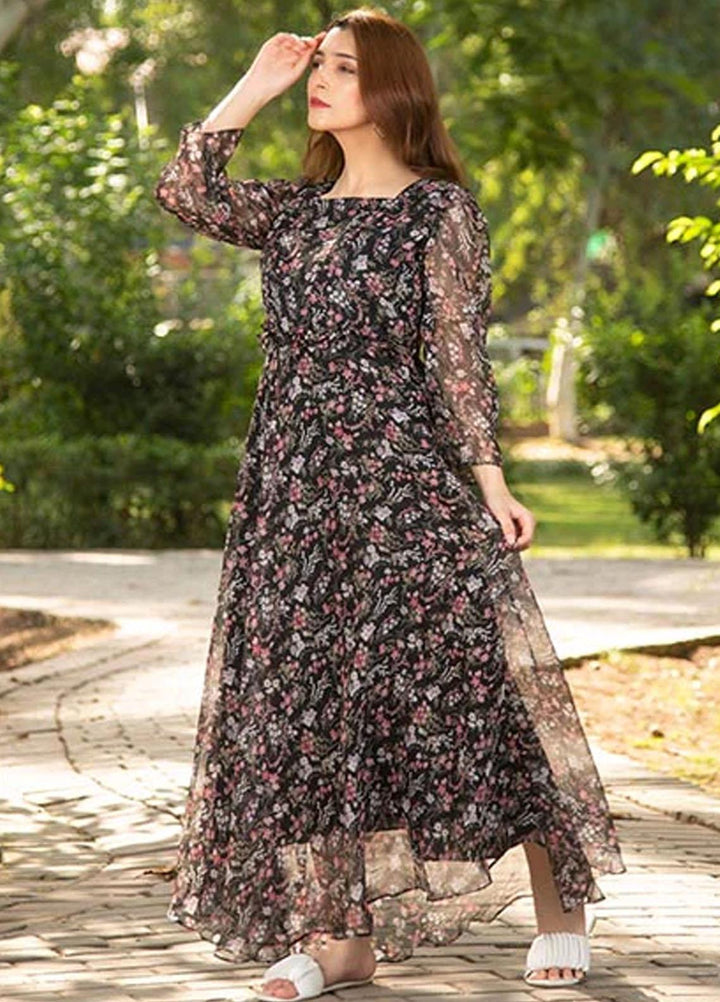 Nazmina Printed Casual Chiffon Frock FR-671 Pink Floral Dreams