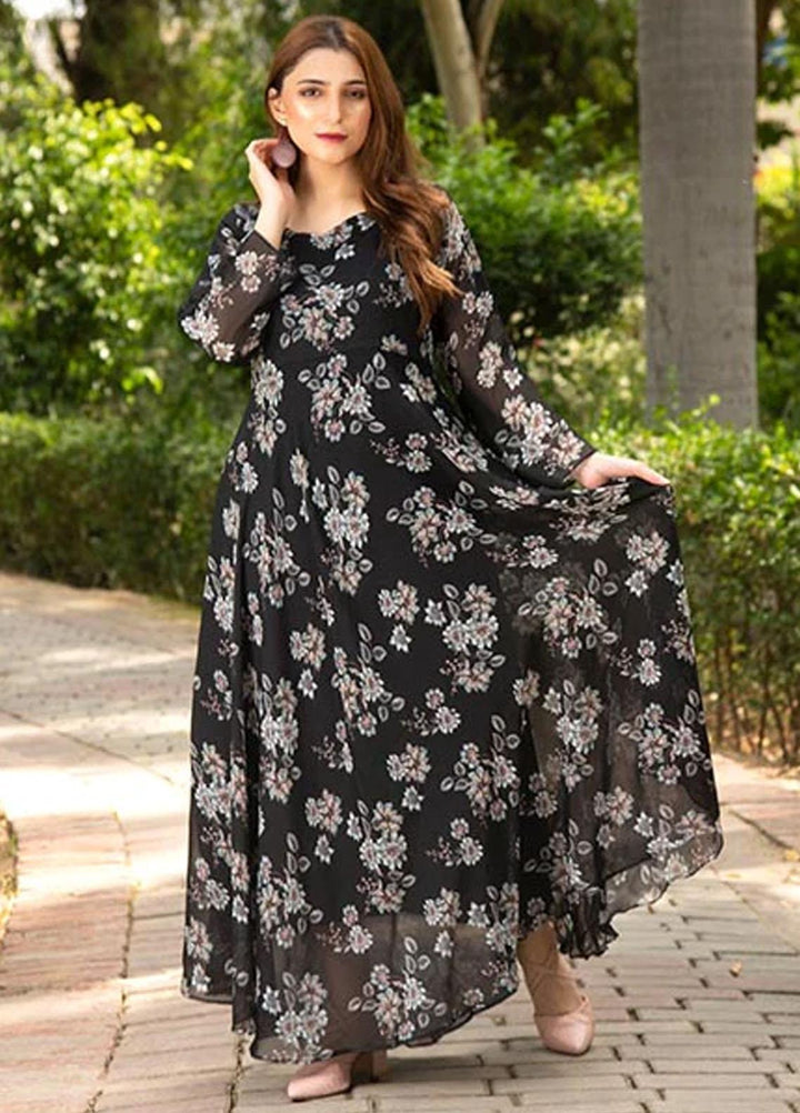 Nazmina Printed Casual Chiffon Frock FR-675 Pretty In Black