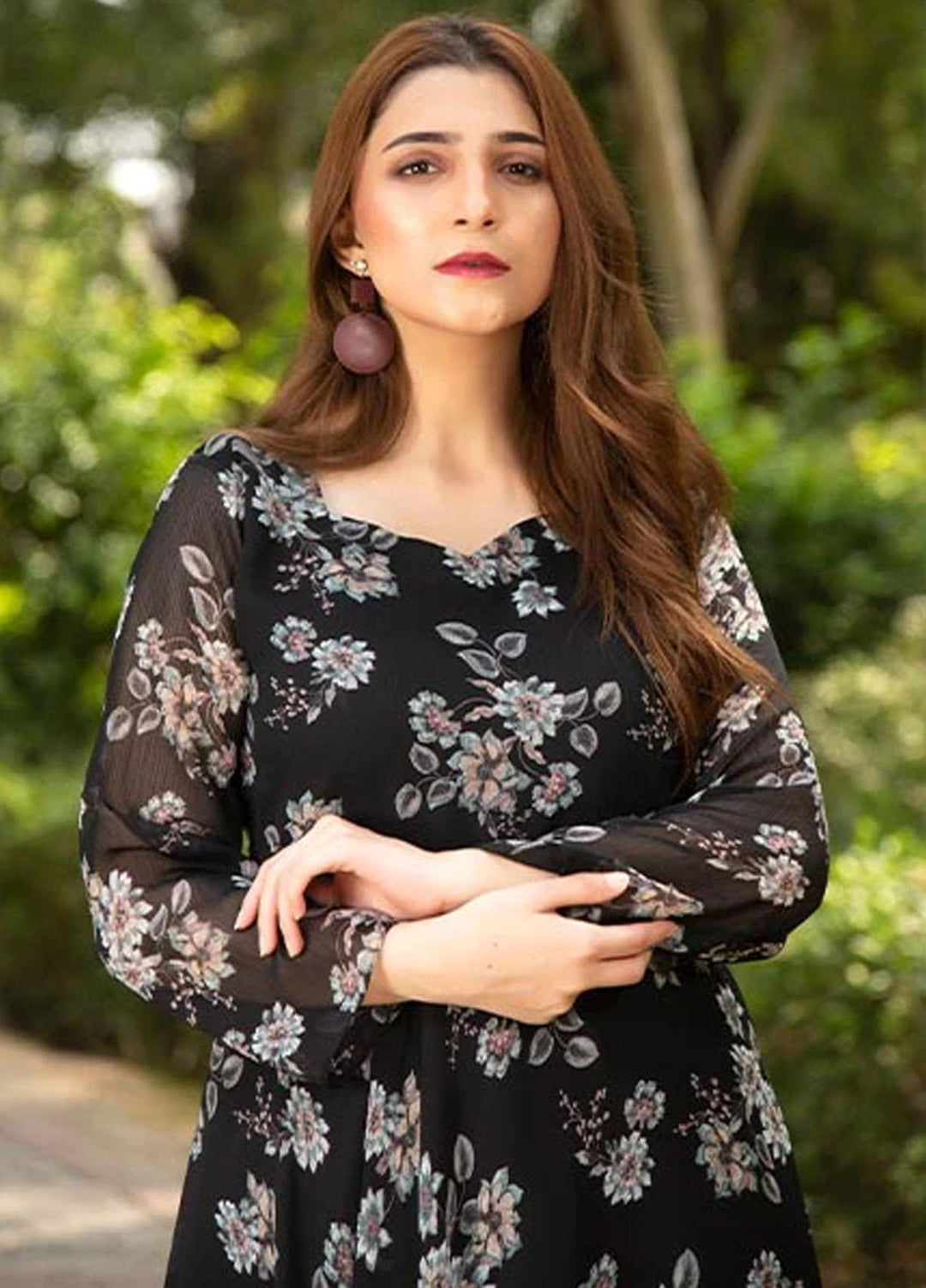 Nazmina Printed Casual Chiffon Frock FR-675 Pretty In Black