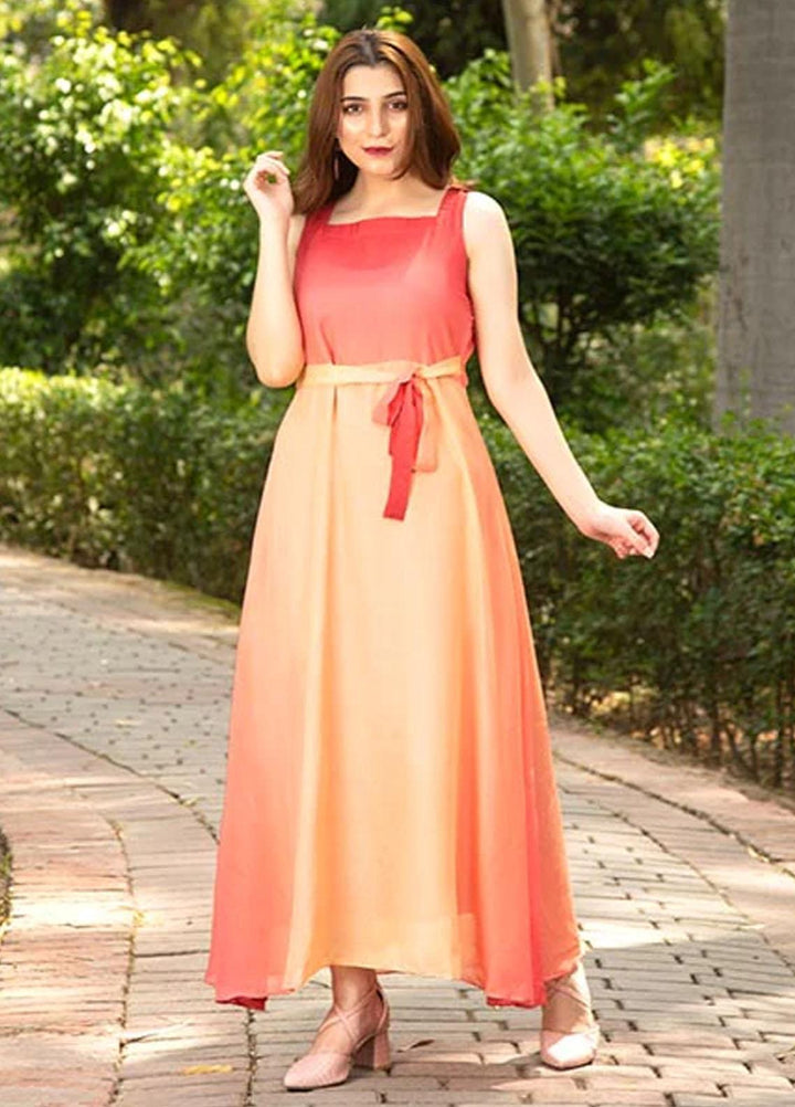 Nazmina Printed Casual Chiffon Frock FR-678 Coral peach