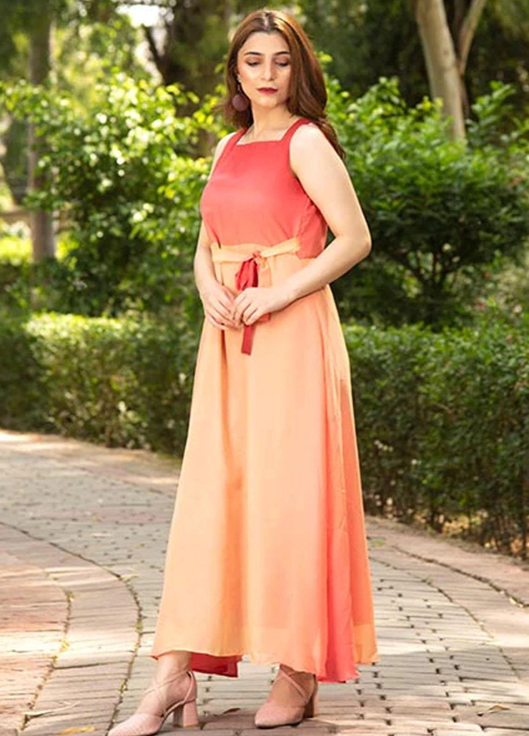 Nazmina Printed Casual Chiffon Frock FR-678 Coral peach